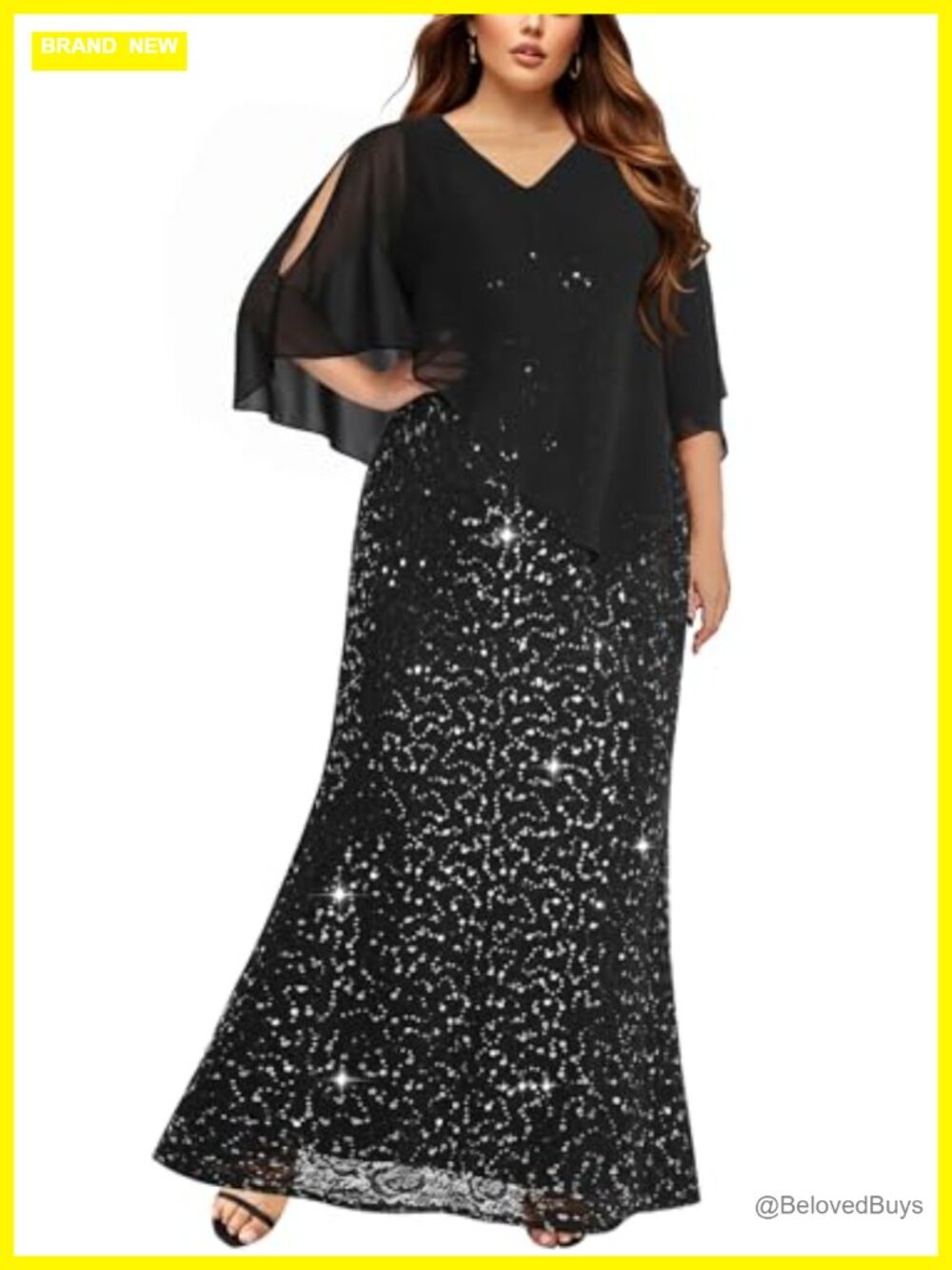 Formal Mermaid Chiffon Cape Sequined Lace Prom Evening Dress